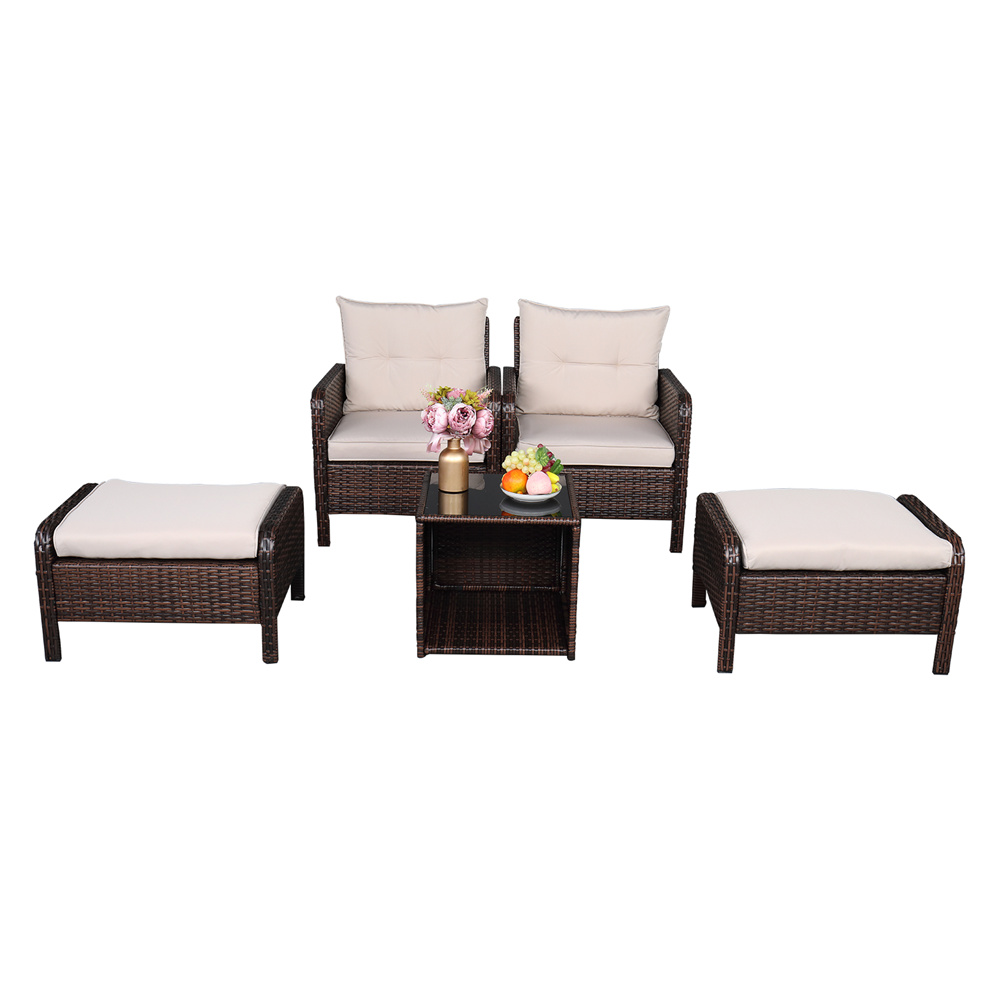 5 Piece Outdoor Patio Furniture Set, SEGMART Outdoor Lounge Chair Chat Conversation Set with 2 Cushioned Chairs, 2 Ottoman, Glass Table, PE Wicker Rattan Patio Bistro Set for Backyard, Porch, LLL317 - image 2 of 10