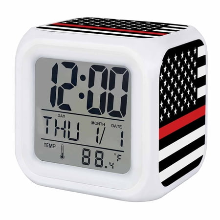 Red White Stripe Fireman American Flag Digital Alarm Clock for Bedrooms,Smart LED Alarm Clock with 7 Color Night Light,Fire Fighter USA Flags Silent Wake Up Clocks for Sleep Study Cooking 3.2x3.2