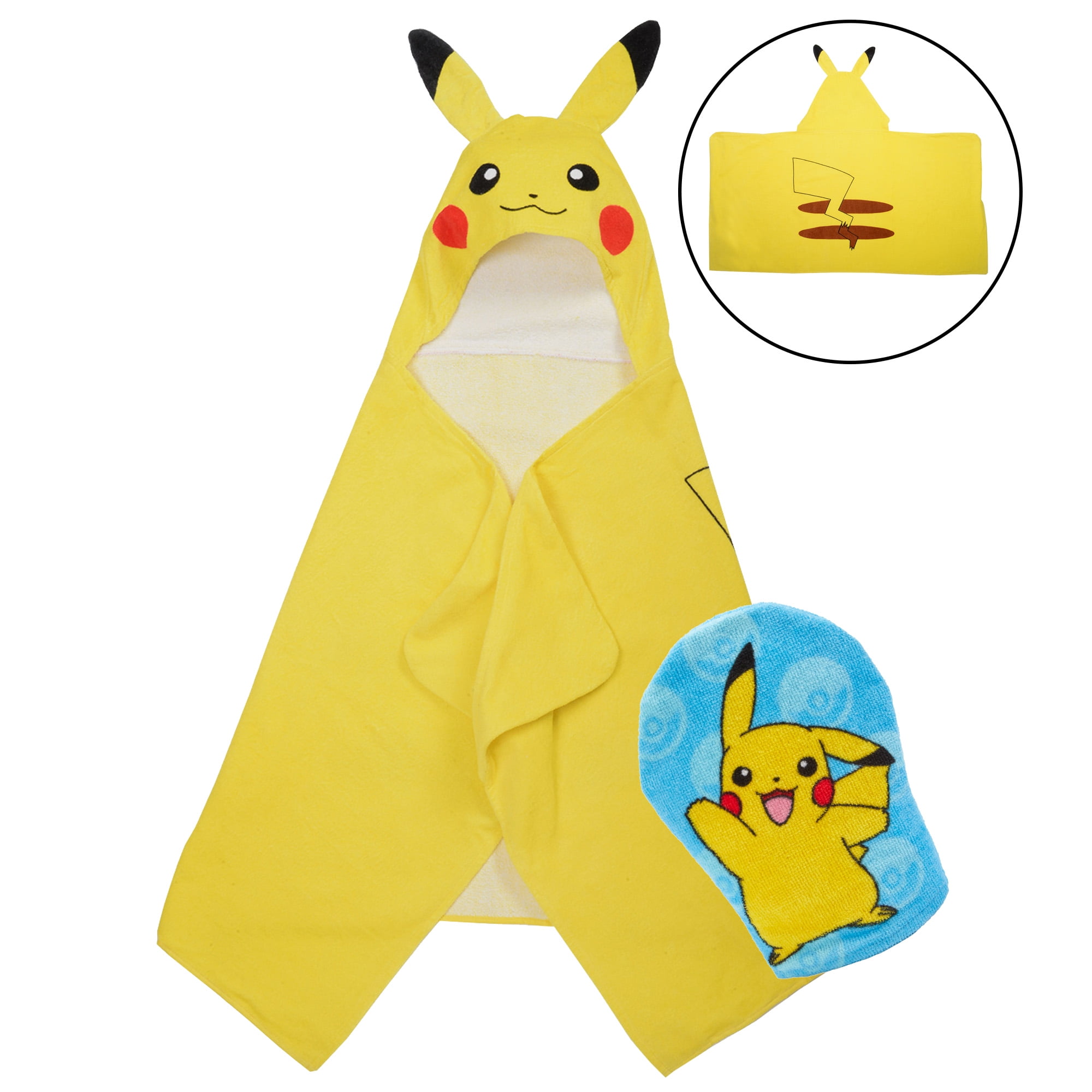 Pokémon Kids Pikachu Hooded Bath Towel and Wash Mitt, Cotton, Yellow