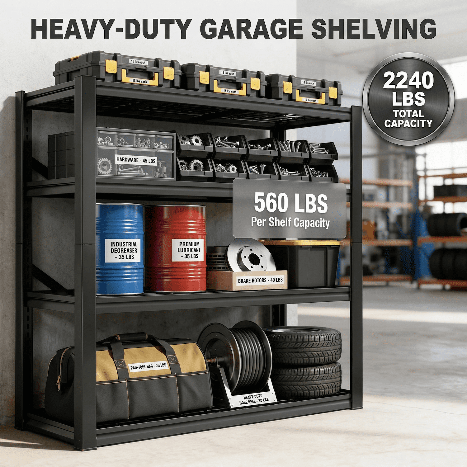 Heavy Duty Garage Shelving Unit, 2240 lbs Metal Storage Shelves, Adjustable Steel Shelving Rack, 39.37"W x 19.6"D x 60"H, 4-Tier Freestanding Industrial Shelf for Garage, Basement, Warehouse