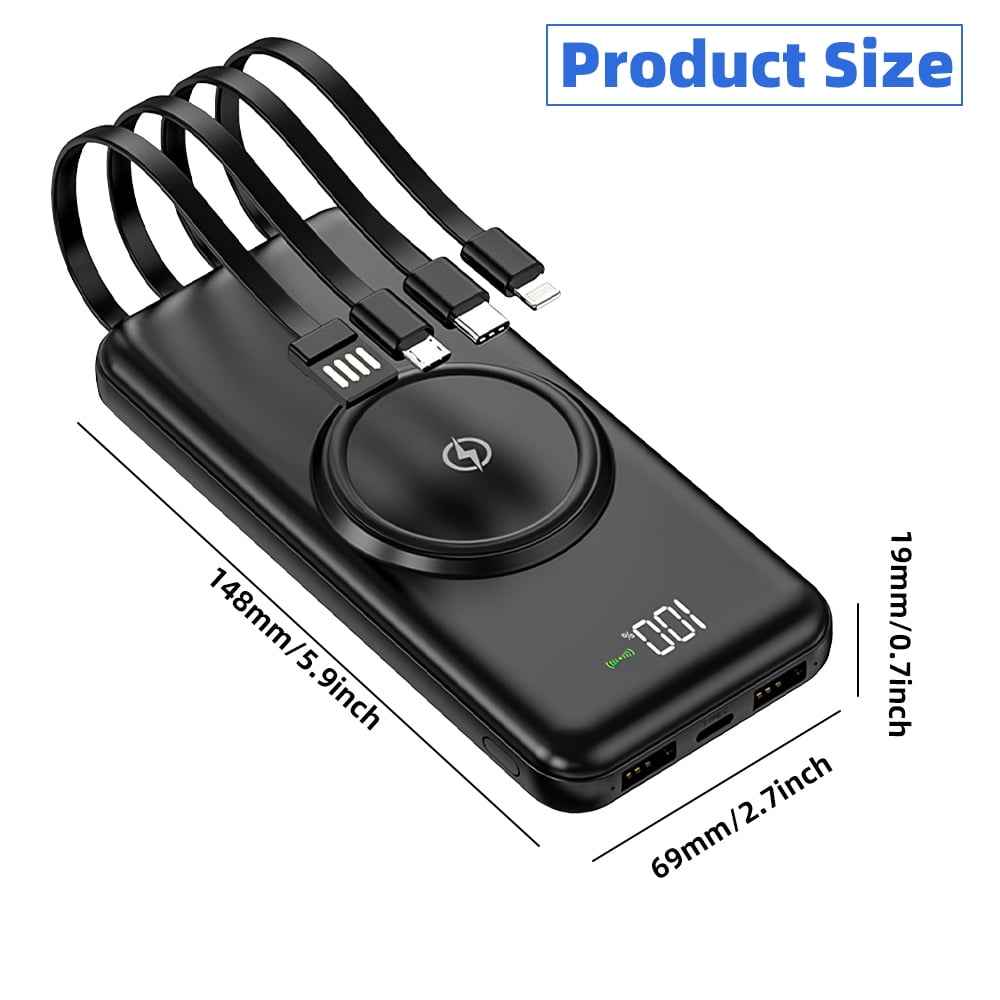DFITO 10000mAh Wireless Power Bank with Built-in 4 Cables, 10W Fast Charging Portable Charger, Qi Wireless & USB-C Battery Pack