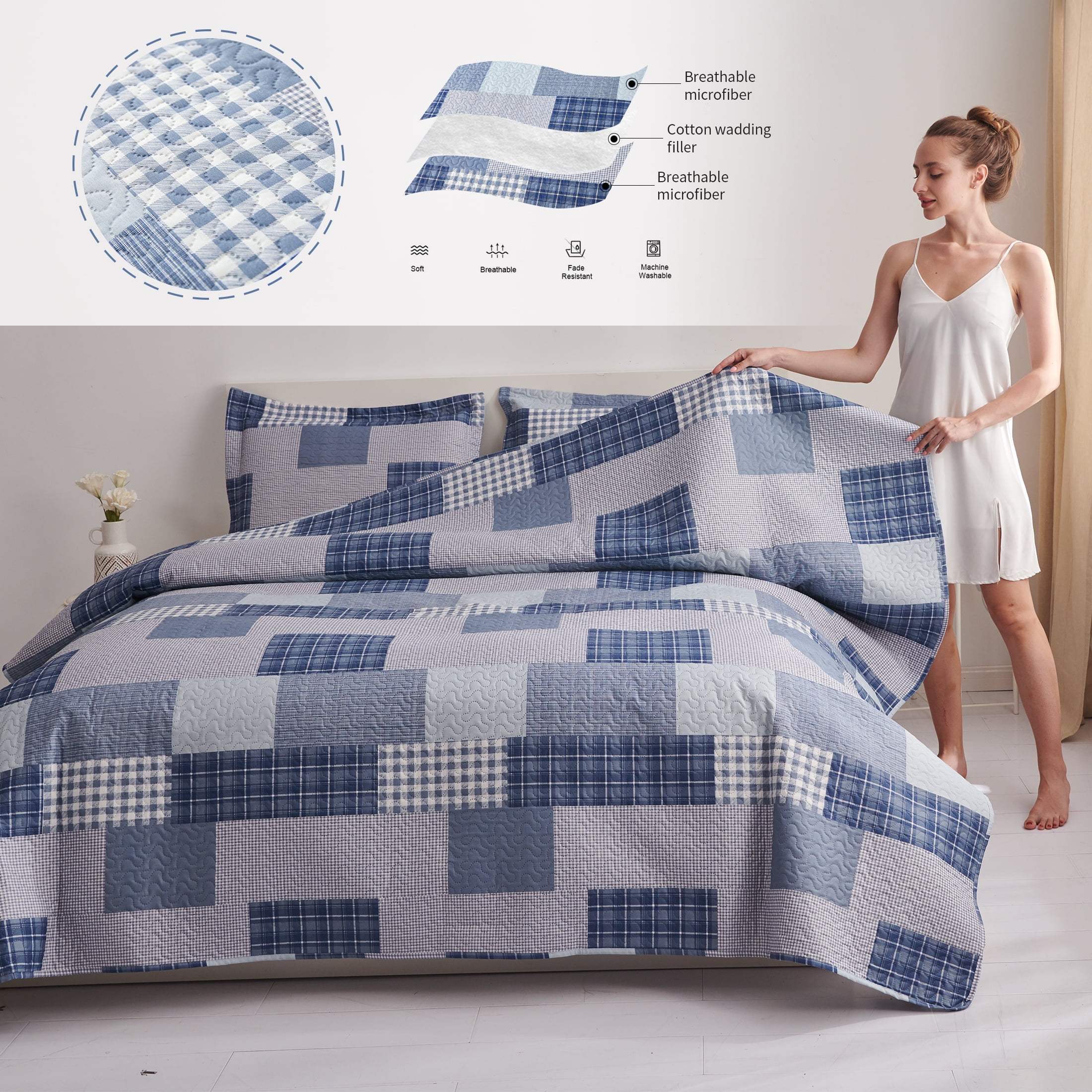 Smuge Full/Queen Size Reversible Quilt Set with Pillow Shams, Soft Microfiber Lightweight Coverlet Bedspread, Modern Blue White Plaid Bedding
