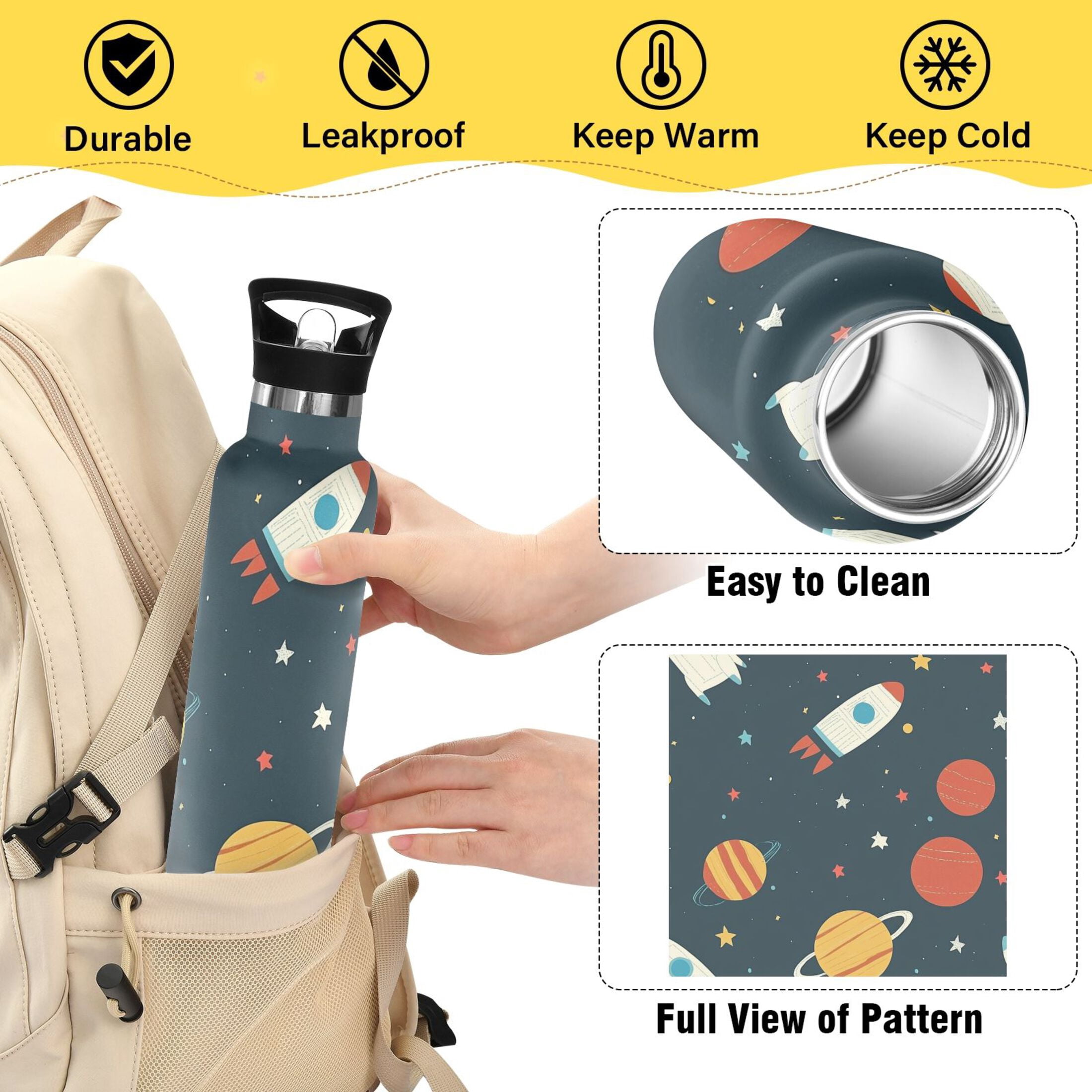 Kids Insulated Stainless Steel Sports Water Bottle 600ml (20oz), BPA-Free Planets and Stars