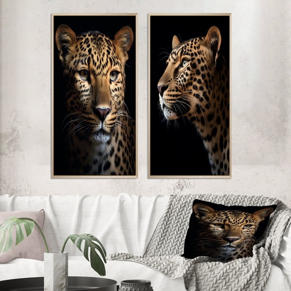 Designart "Wildlife Portrait Stunning Leopard II" Animals Leopard Framed Wall Art Set Of 2 - Children's Art Brown Framed Wall Art Set Of 2