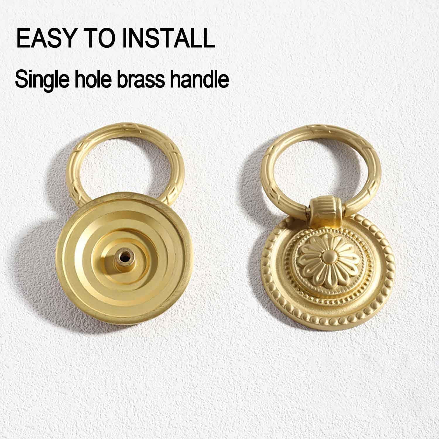 CATPAN Ring Drawer Knobs, Brass Retro Vintage Flower Pattern Brass Cabinet Knobs Dresser Cabinet Pull Ring Gold Cabinet Cupboard Knob for Dresser Drawers Single Hole Knob (2PCS)