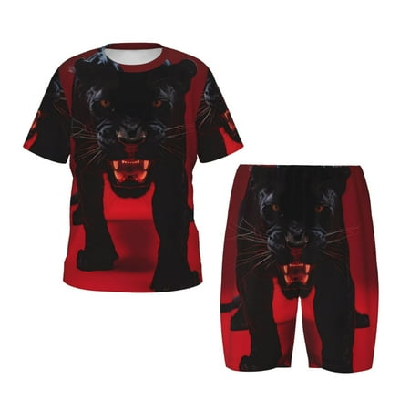 Adobk Black Panther Red Background Print Pajamas Toddler 2 Piece Short Sleeve Sleepwear Summer Kids Clothes Set-X-Large