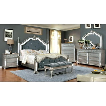 Glam Silver Solid Wood King Bedroom Set 5pcs FOA CM7194 Azha