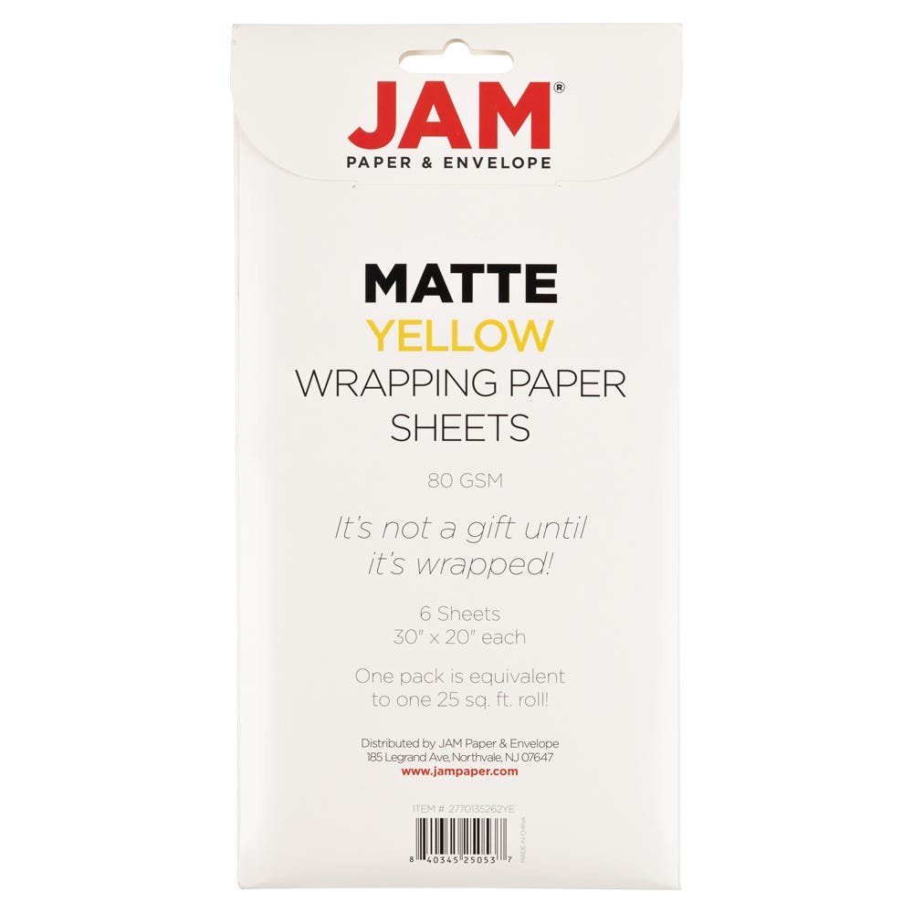 JAM Paper Matte Wrapping Paper Sheets, 30 x 20 per Sheet (25 sq ft Total), Matte Yellow, 6 Sheets