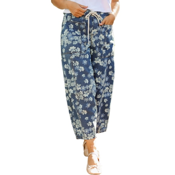 Women's Sky Blue Floral Barrel Jeans – High Waisted Denim with Drawstring, Casual Vacation Style, 16