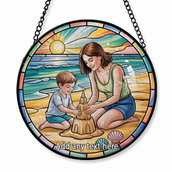 Mom and Son Beach Sandcastle Stained Glass Suncatcher Window Hanging – Personalized Window Hanging for Families, Parents & Kids, Custom Name Tree Decoration Christmas 2025