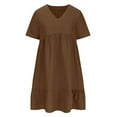 thumbnail image 4 of Luxalzxs Beach Dresses for Women Vacation Short Sleeve V Neck Mini T Shirt Dress Pleated Ruffle Flowy Summer Dress Casual Swing Tiered A Line Sundress, 4 of 8