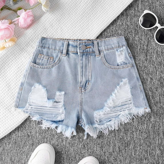 lnmuld Tween Teen Girls Summer Fashion Casual Loose Fit Denim Shorts Ripped Hem Design Size:8-9 Years