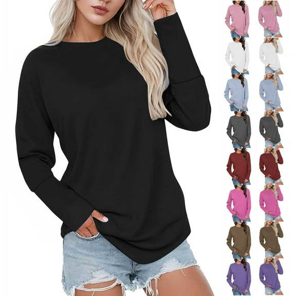 Aboser Womens Casual Long Sleeve Shirts Trendy Crew Neck Shirt Tops Loose Fit Plain Tshirts Comfortable Soft Classic Shirts Solid Color Pullover Top Black L