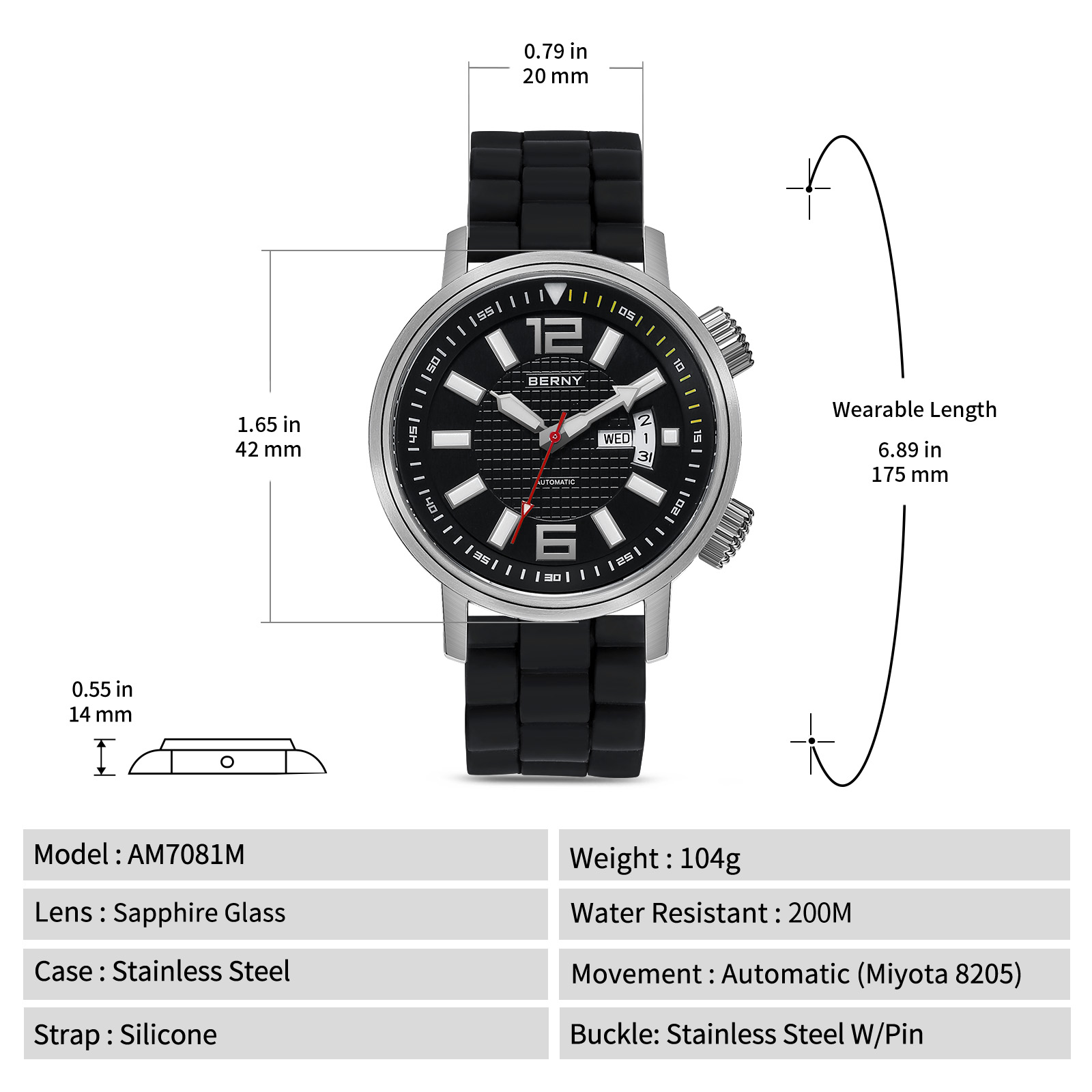 BERNY Automatic Dive Watches for Men, Sport 200M Waterproof Analog Mechanical Watch with Day & Date, Super Luminous, Silicone Strap, Stainless Steel, Sapphire Crystal, Men's Pro Diver Watch (Black)