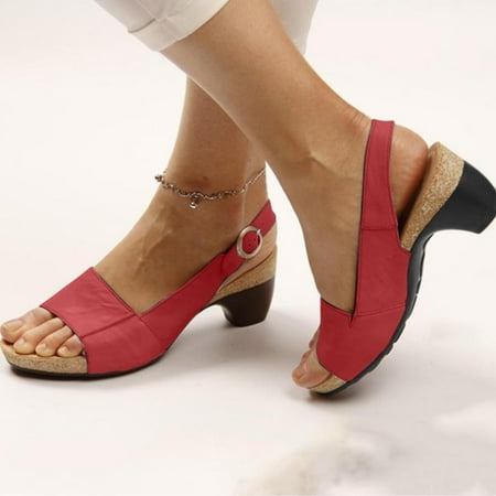 

Ecqkame Comfortable Elegant Low Chunky Heel Shoes Women Summer Thick Heel Sandals Pumps Buckle Open Toe Casual Shoes Red 42 Clearance Items