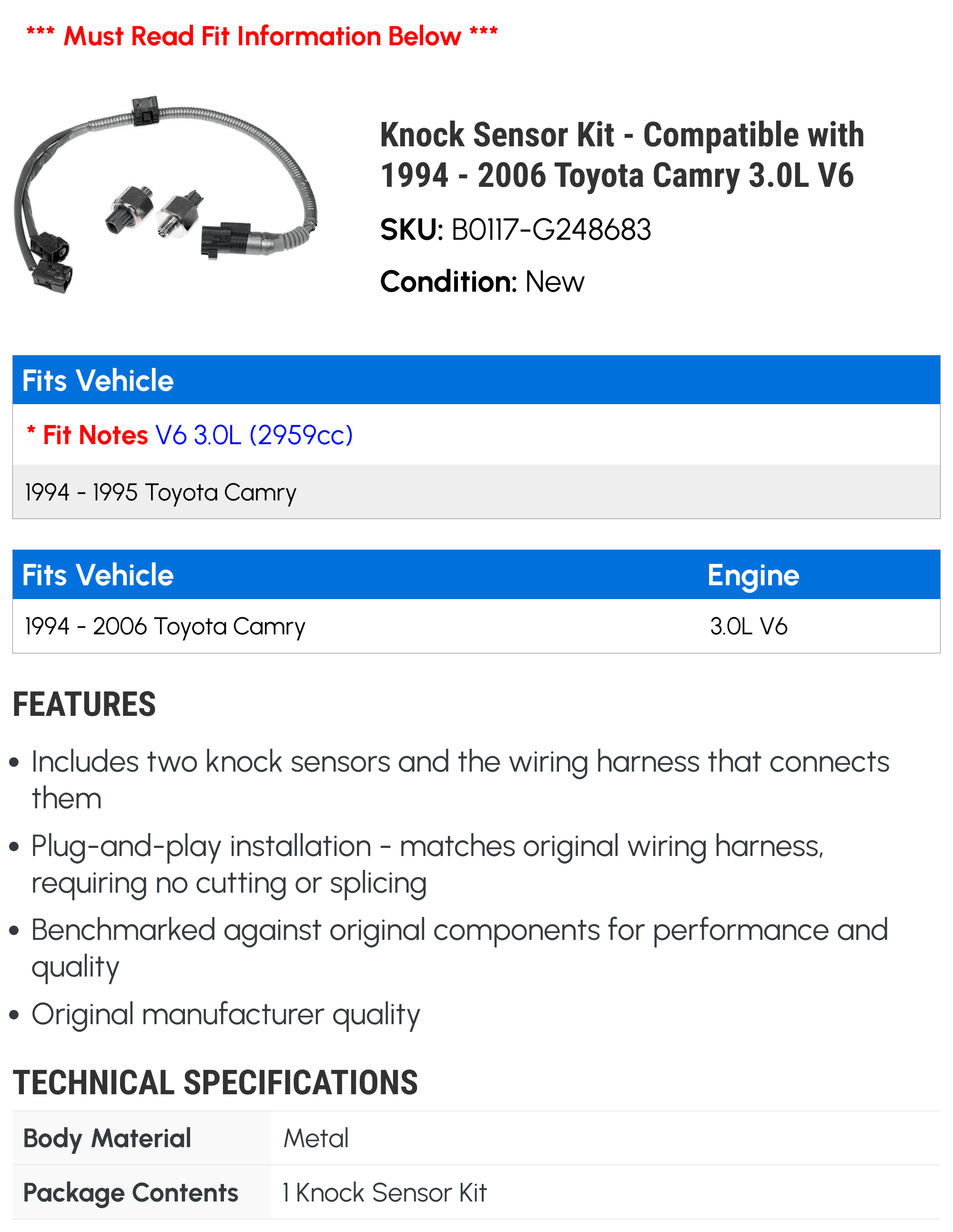 Knock Sensor Kit - Compatible with 1994 - 2006 Toyota Camry 3.0L V6 1995 1996 1997 1998 1999 2000 2001 2002 2003 2004 2005