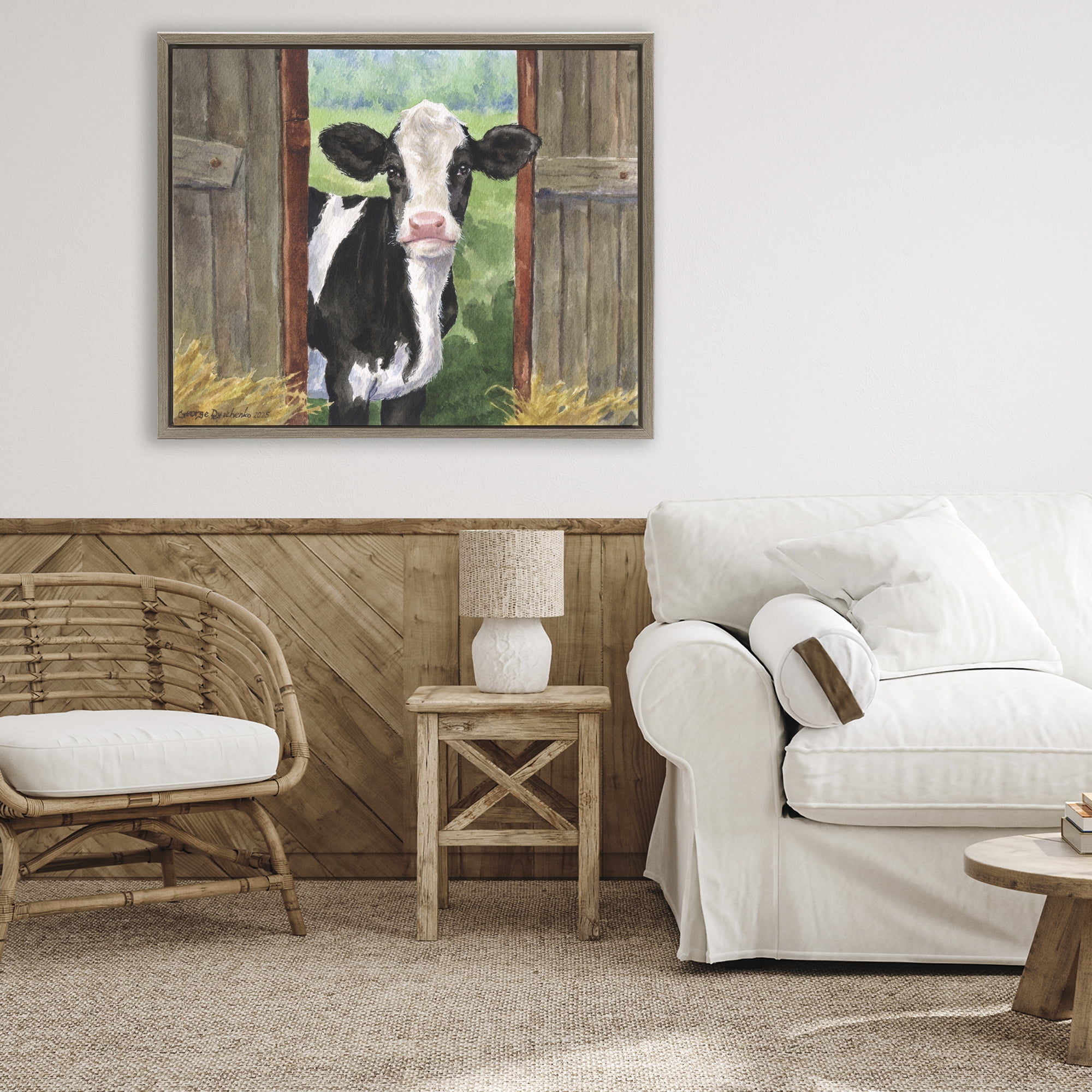 Stupell Industries Cow in Wooden Gate Brown Framed Floater Canvas Wall Art, design by George Dyachenko
