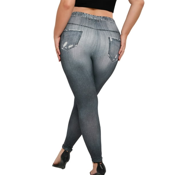 MAWCLOS Ladies Oversized Faux Denim Pant Butterfly Print Fake Jeans Tummy  Control Plus Size Leggings Full Length Yoga Elastic Waisted Pencil Pants