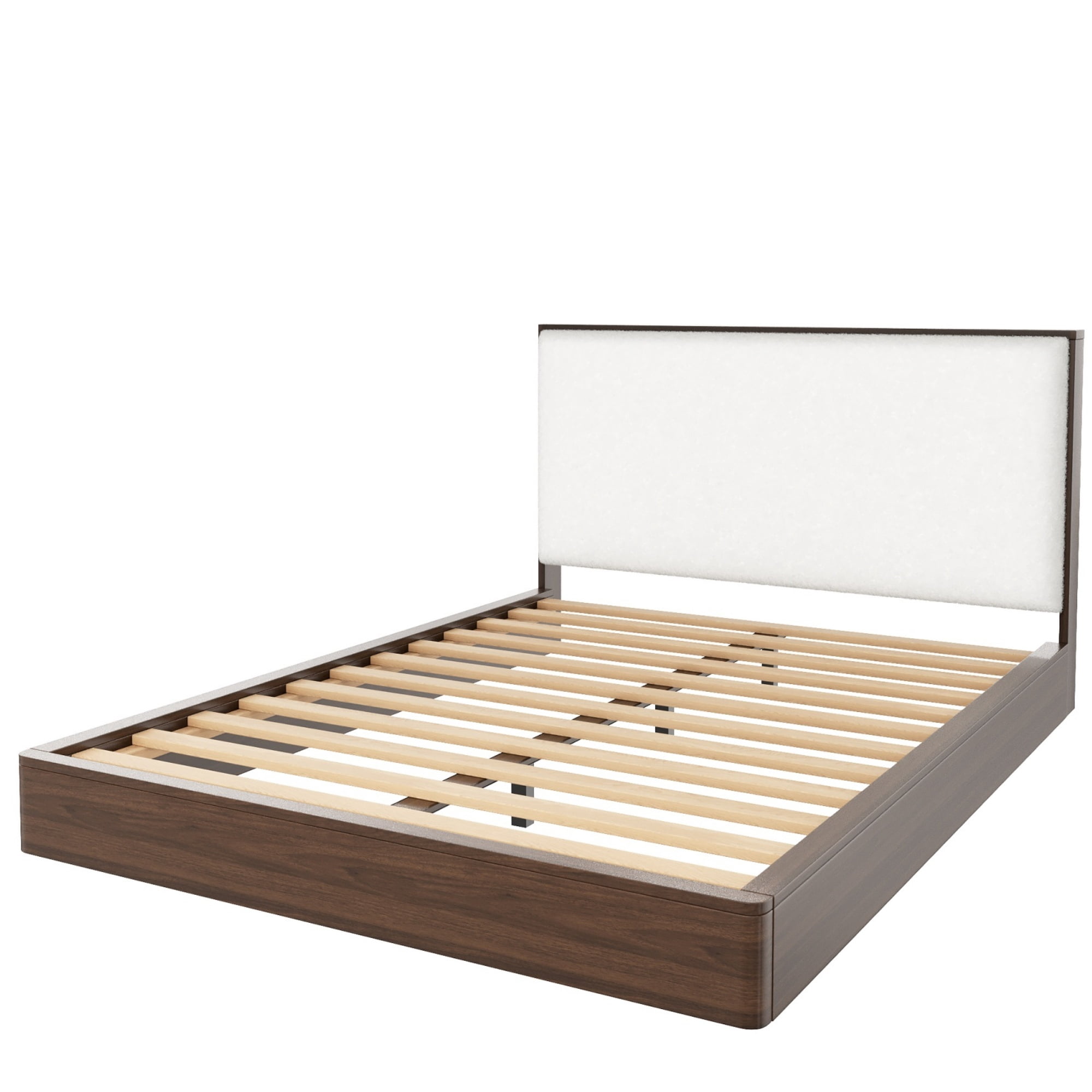 Euroco Wood Queen Size Platform Bed with Bouclé Upholstered Headboard, No Box Spring Needed, Walnut