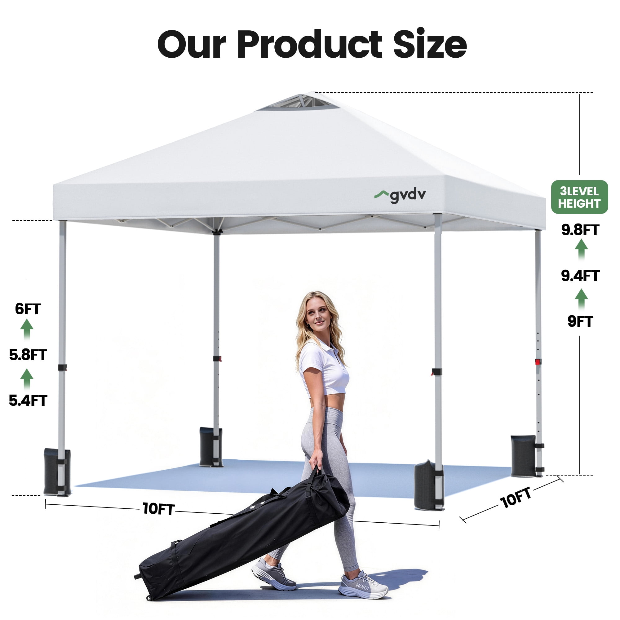 GVDV 10x10 Pop up Commercial Canopy Tent, Waterproof & Portable Outdoor Shade with Air Vent, Wheeled Bag, White
