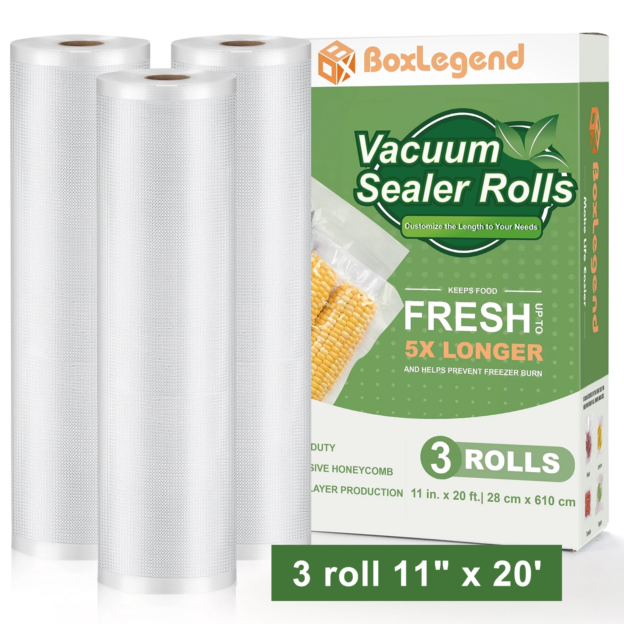 BoxLegend Vacuum Sealer Bags, 11" x 20' Rolls 3 Pack