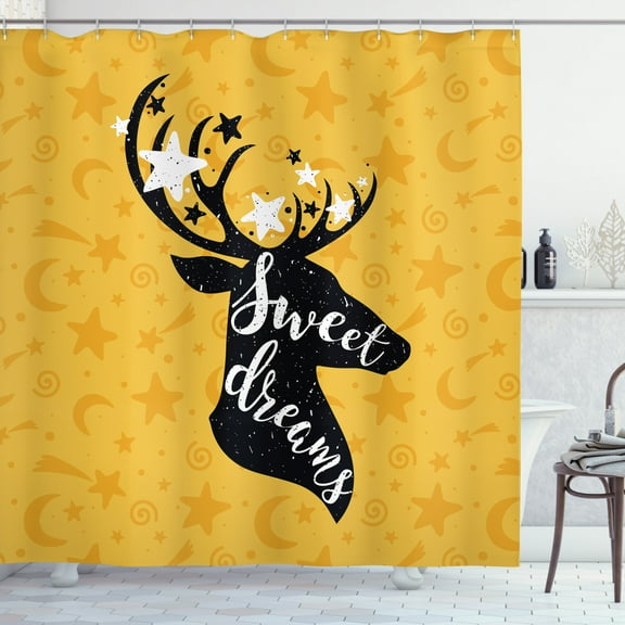 Ambesonne Saying Shower Curtain, Silhouette of Deer, 69"Wx70"L, Earth Yellow Black White