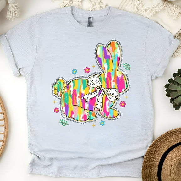 Women's Short Sleeve Graphic T-Shirt, Colorful Bunny Print, Casual Cotton Tee