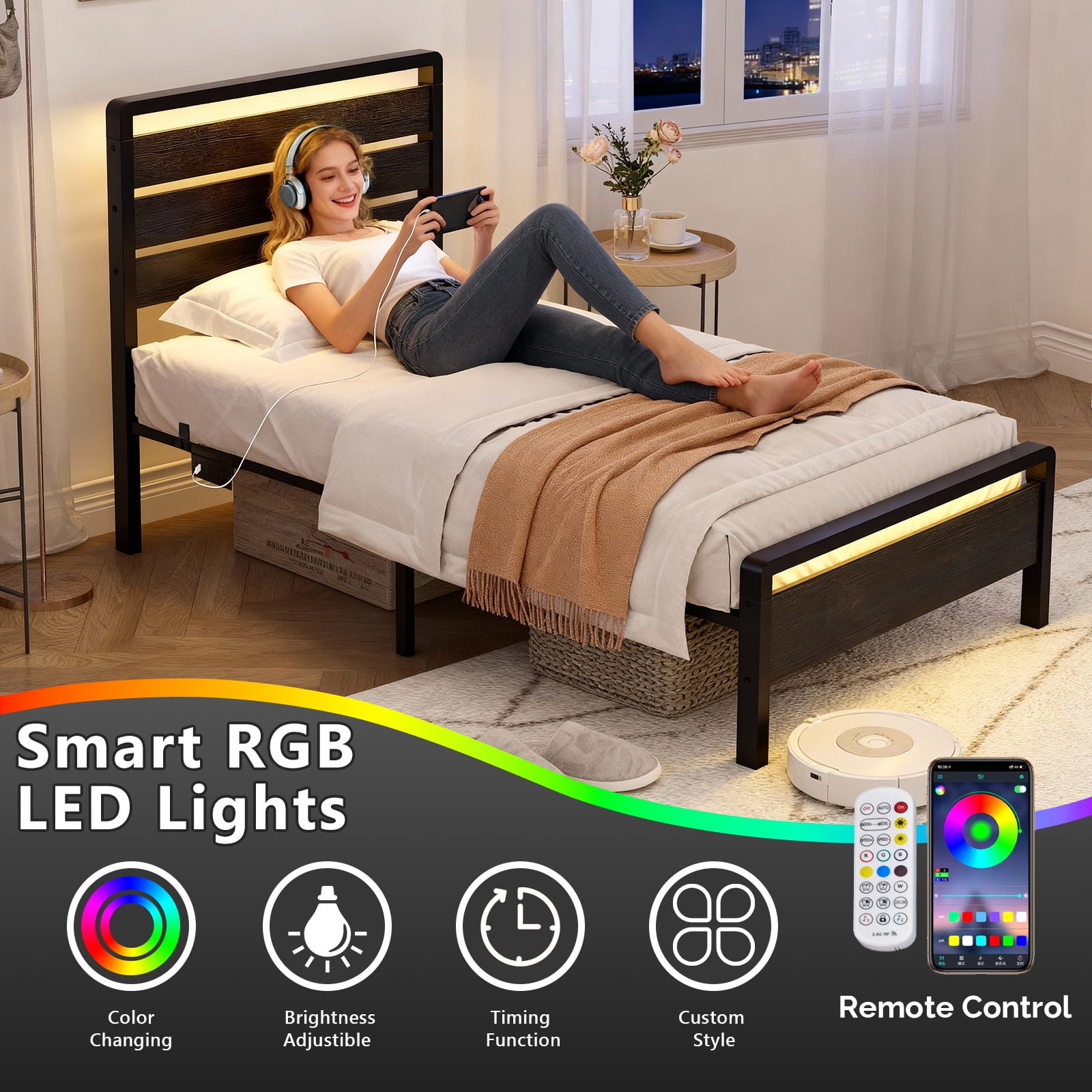 Ktaxon Twin Size Bed Frame with LED Headboard & Footboard, Metal Platform Bed with Charging Station, Black
