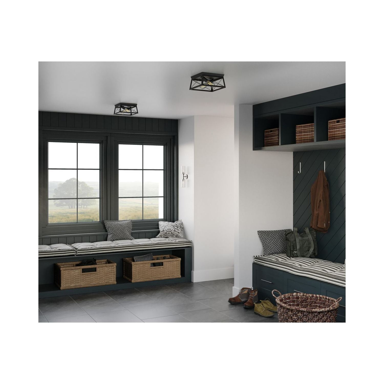 Briarwood Collection Two-Light Textured and Cerused Black Farmhouse Style Flush Mount Ceiling Light