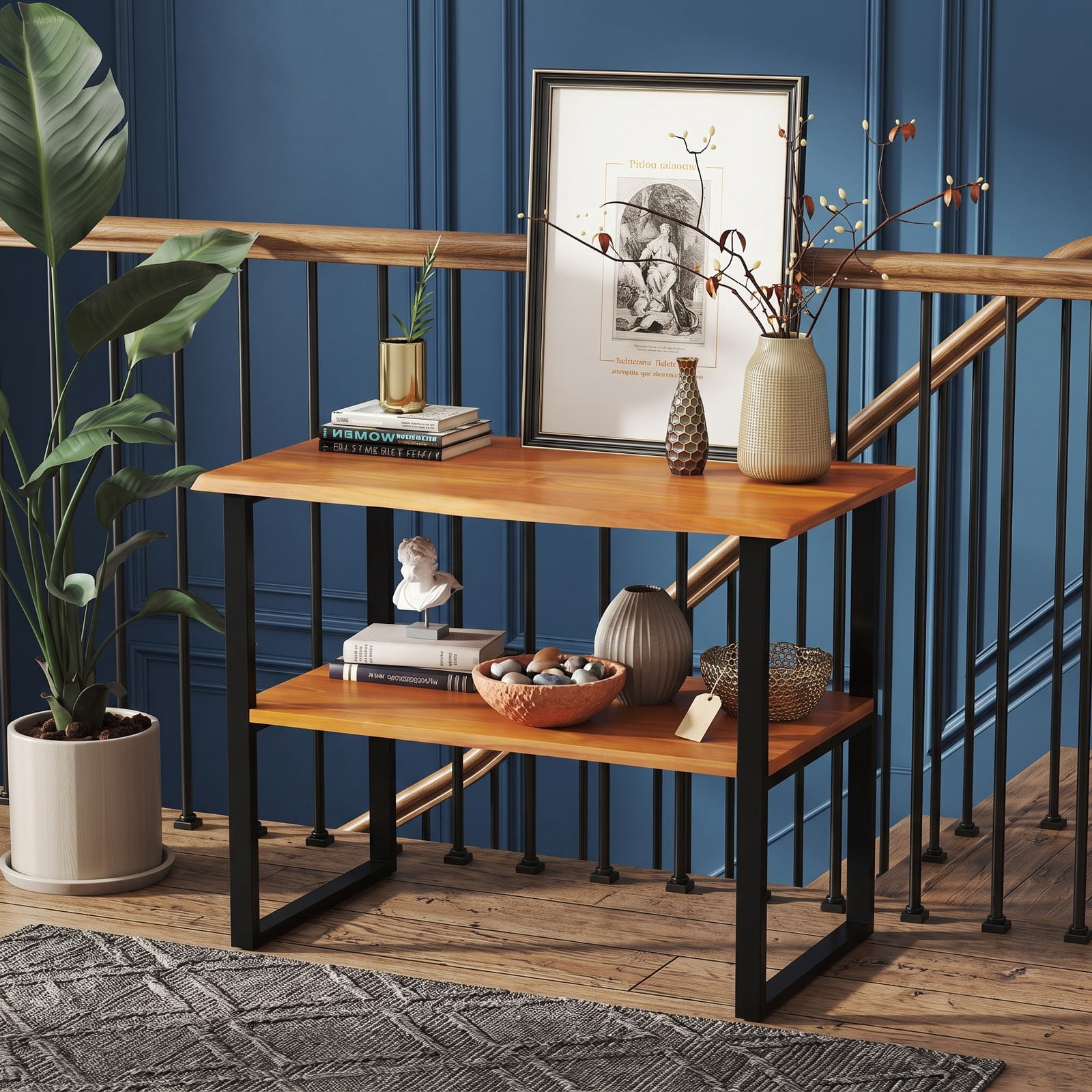 Furnibear 2-Tier Teak Wood End Table, Sofa Side Table with Open Storage Shelf for Living Room Bedroom Hallway Laundry Room, Waterproof Nightstand, Natural and Black
