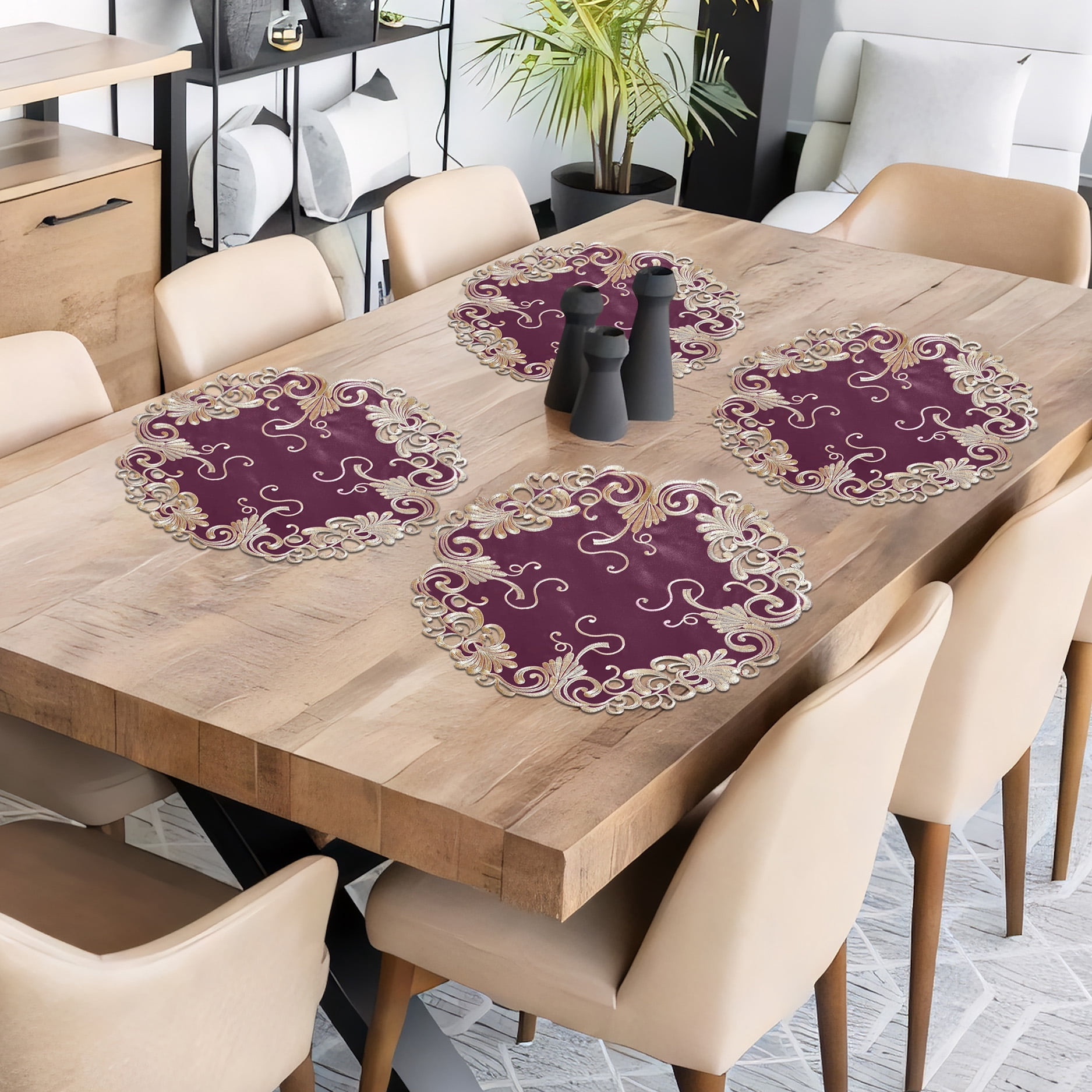 Purple Doilies Set of 4 - Round Placemats European Embroidery for Dining Table