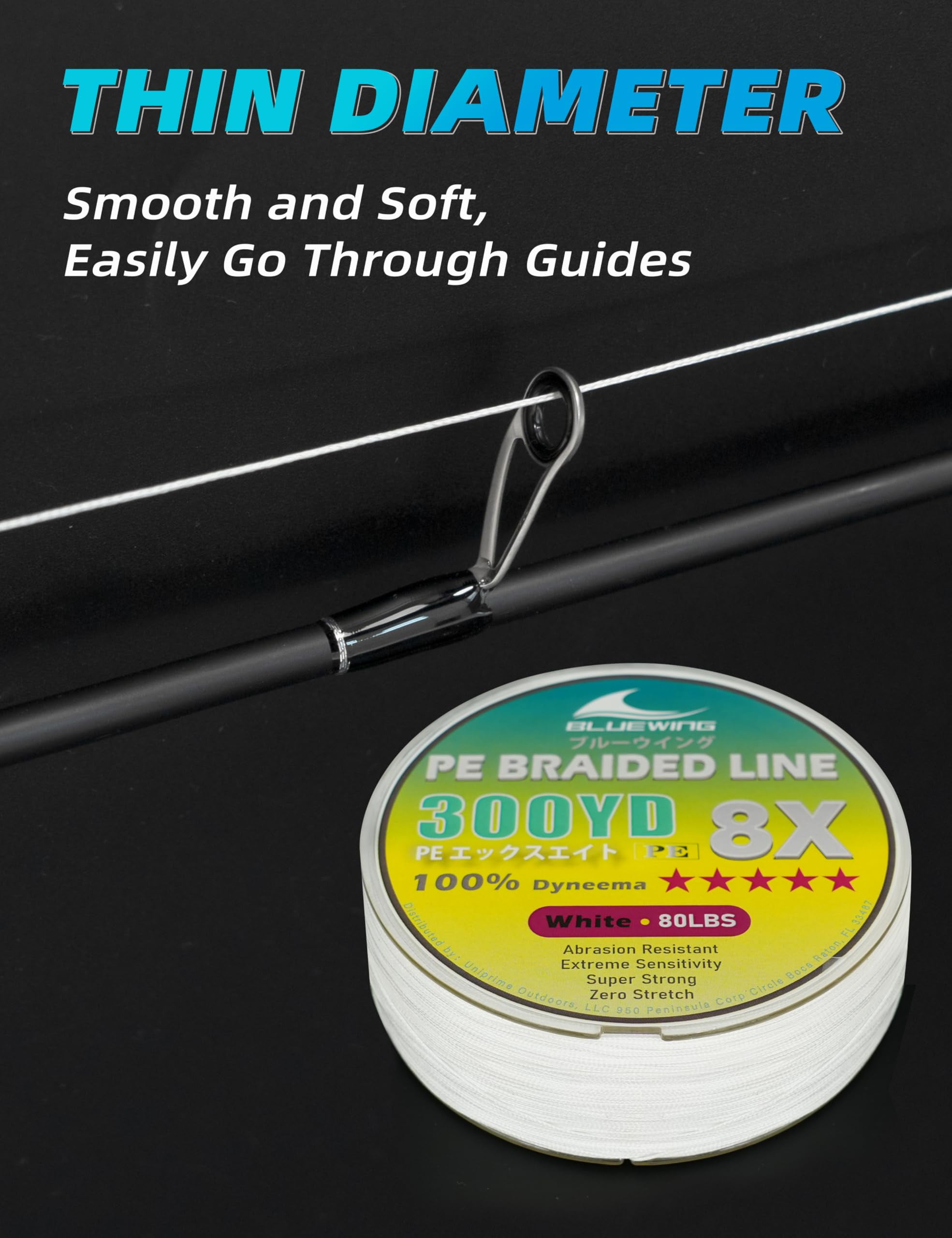 BLUEWING Braided Fishing Line 8 Strands PE Braid Fishing Lines Thin Diameter & Abrasion Resistant Fishing String for Saltwater Fishing 80LBS 300YD White