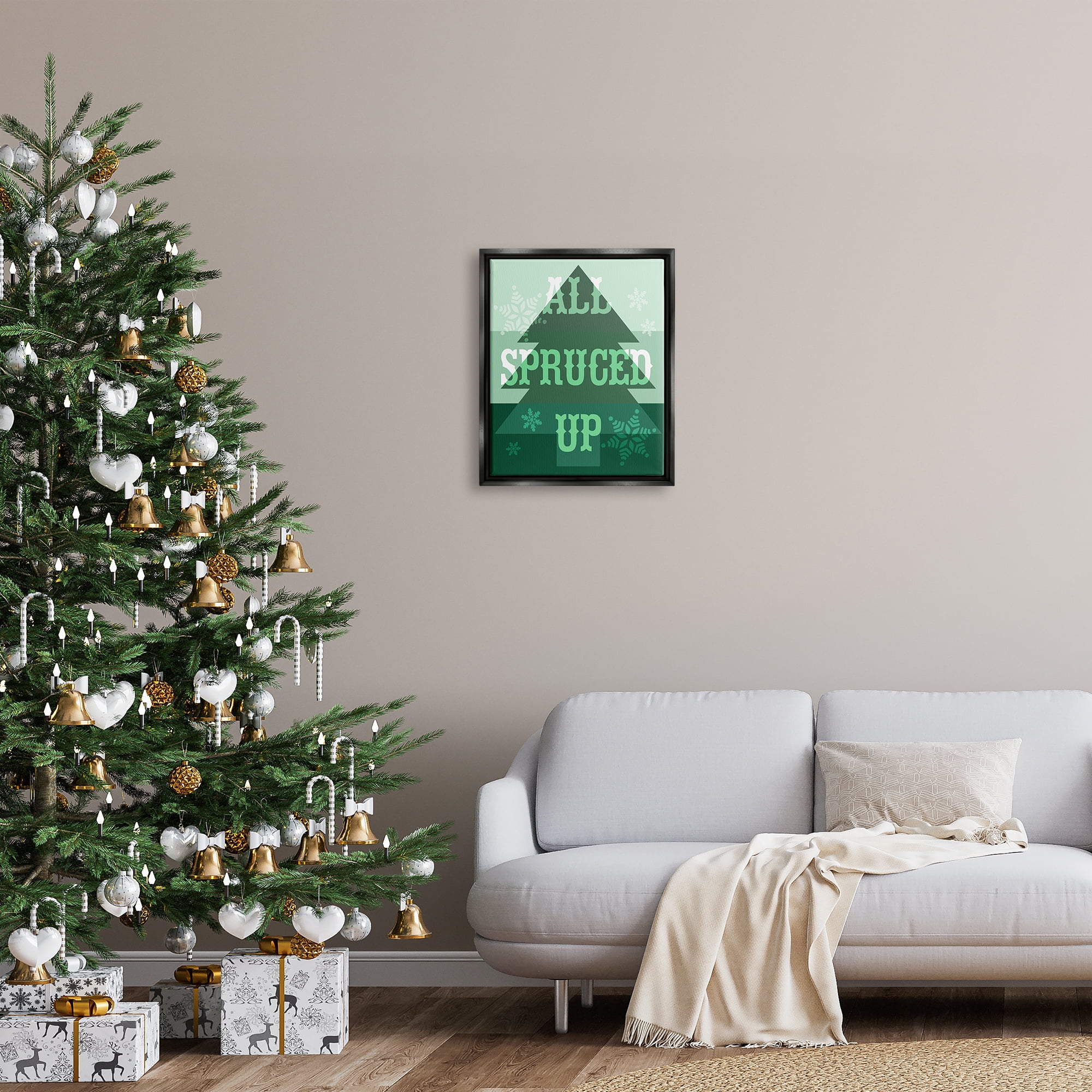Stupell Industries All Spruced Up Holiday Pun Holiday Painting Black Floater Framed Canvas Art Print Wall Art, 17 x 21