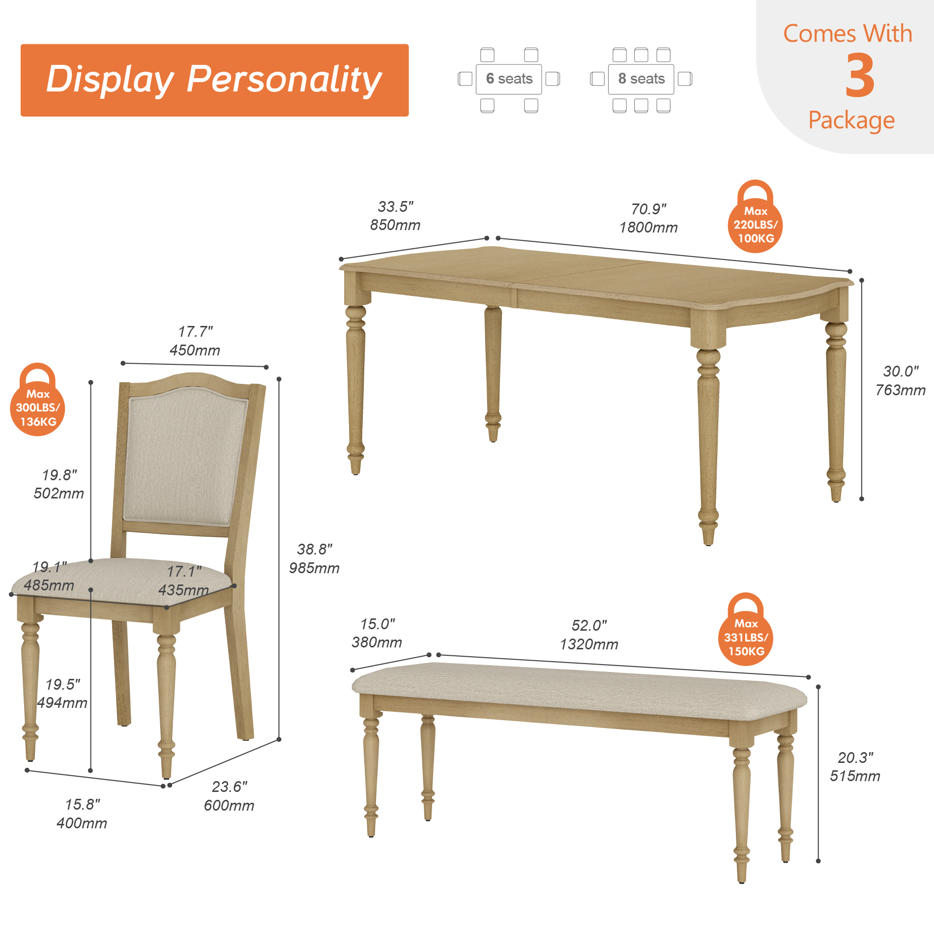 4 Piece Dining Table Set for 4-8 People - Includes One Dining Table, 1 Upholstered Benches and 2 Wood Dining Chairs, Rustic Dining Set for Kitchen, Oak