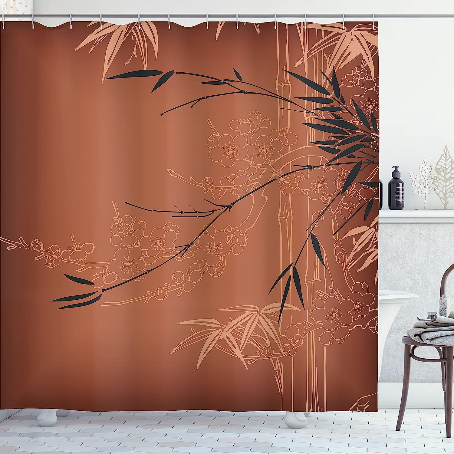 SPXUBZ Bamboo Print Shower Curtain, Asian Stems Branches Flowers
