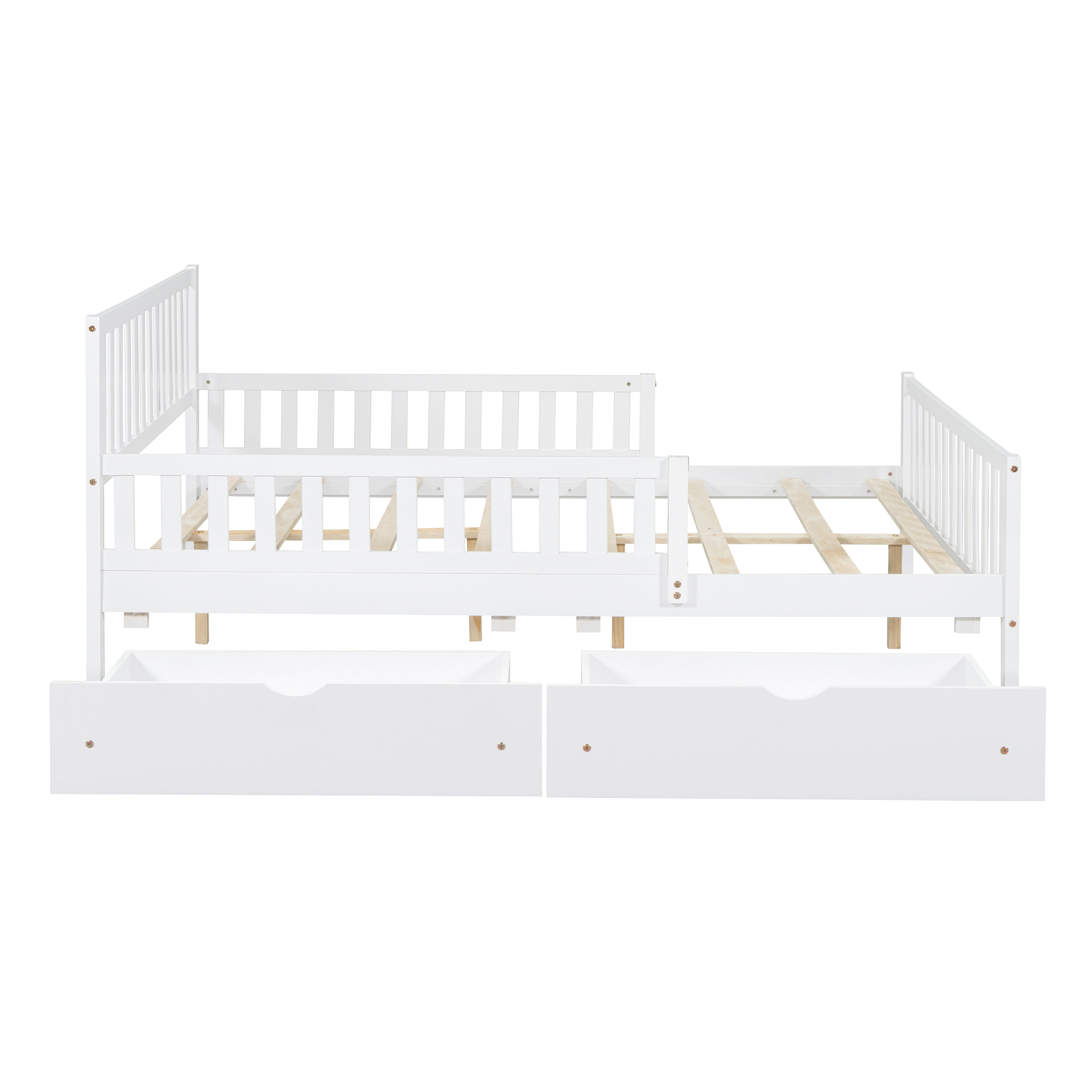 Leumius Full Size Wood Platform Bed with Guardrails on Both Sides and Two Storage Drawers for Bedroom Guest Room White