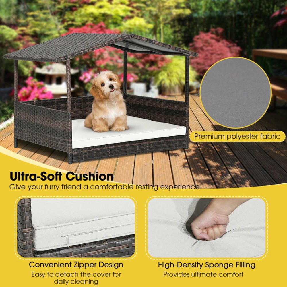 Barara King Dog Crate, Pet Crate, Pet Kennel, Outdoor Wicker Dog House with Weatherproof Roof-White
