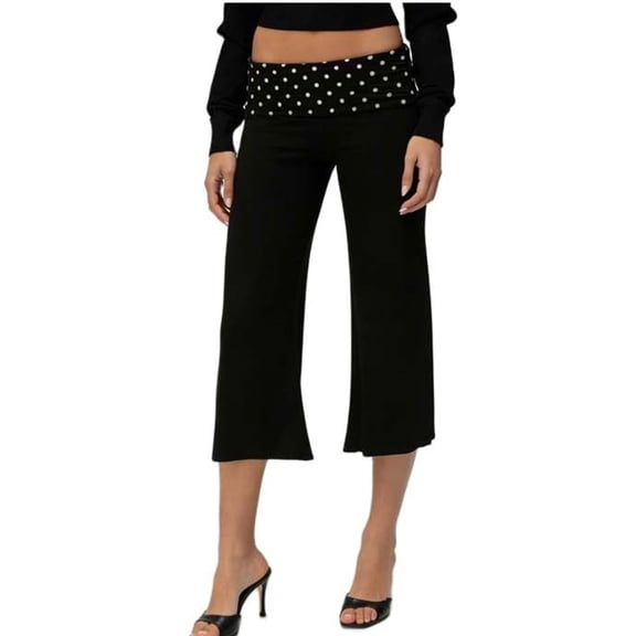 Wide Leg Pants for Women, Striped and Polka Dot Elastic High Waist Cropped 3/4 Flowy Culottes, Soft Comfy Yoga Capri Pants with Fold Over Waistband for Everyday and Loungewear Black L