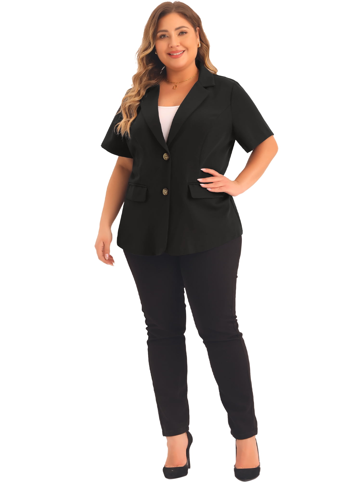 DARING DIVA Women's Plus Casual Blazers Short Sleeve Notched Lapel Blazer 1X Black