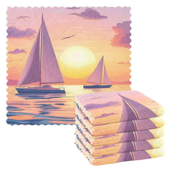 6 Pieces of Kitchen Towels 11x11Inch Kitchen Dish Cloths Kitchen Dish Towels Reuseable Cleaning Cloths Boat Sunset