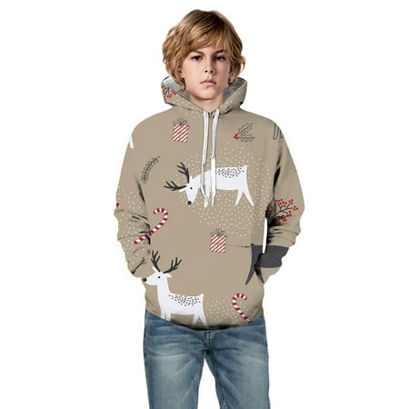 

CHAOLEI Little Boys Girls Kids Hooded Unisex Sweatshirt 3D Christmas Santa Deer Printed Pullover Hoodie For Girls Boys With Pocket -Khaki 3-4 Years