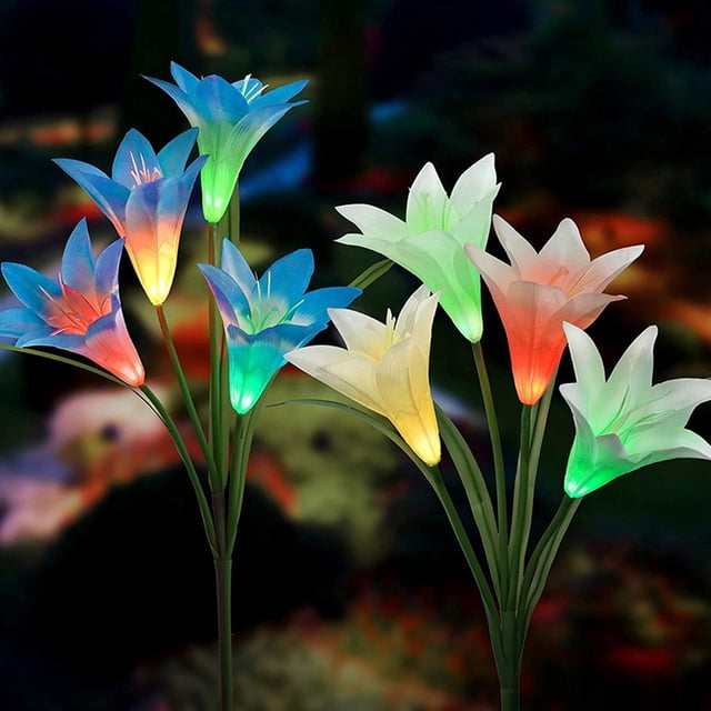 Fiudx Luces Solares de Flores, Tallos y Hojas Ajustables, Cambio de Color, Resistentes a La Intemperie Ip66, Decoración de Jardín, Eventos En El Patio, Juego de 2 Piezas (Blanco + Azul)