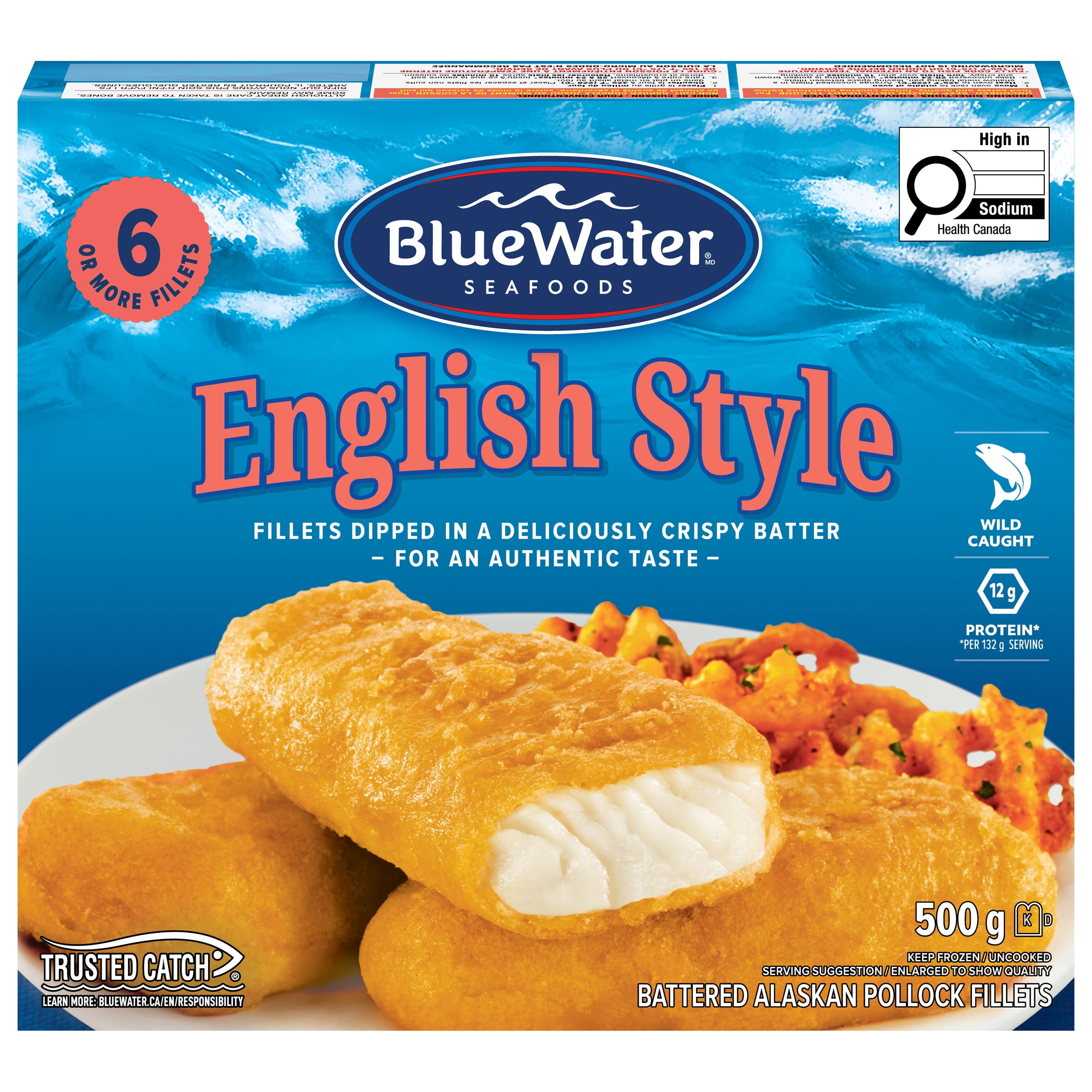 BlueWater Seafoods English Style Fish, Wild Caught Pollock, Frozen, 6 Count, 500 g Package, English style wild-caught pollock fillets