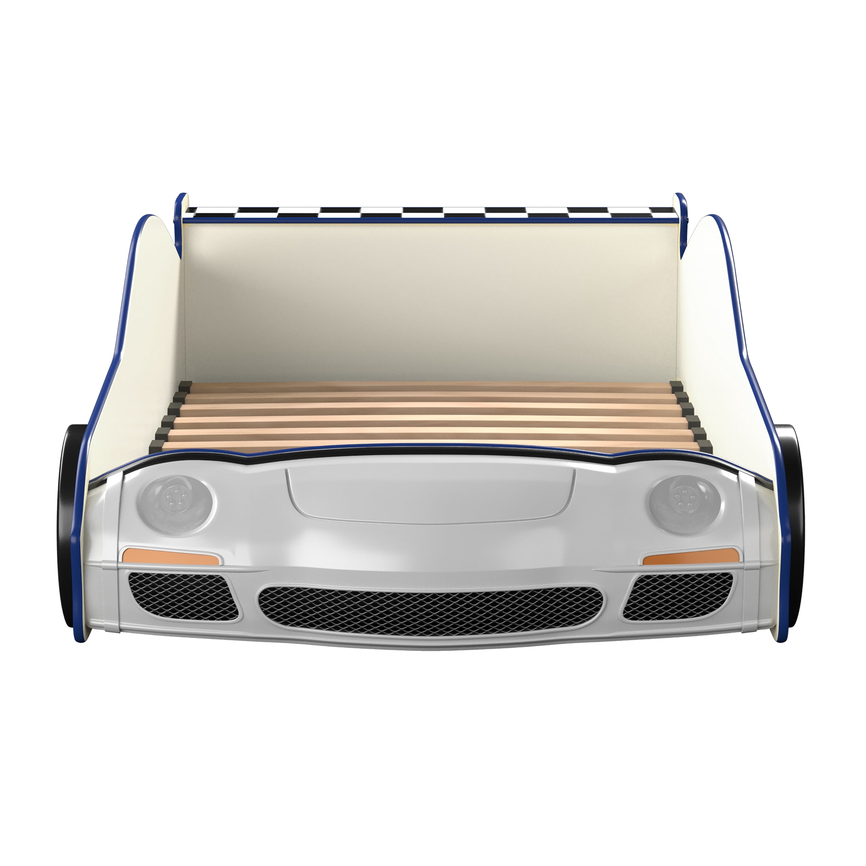 Furniture of America Mauer Wood White Twin Car Kids Bed with LED Night Lights on Headlights & Wheels