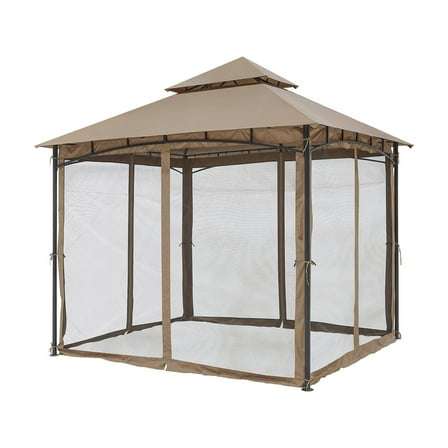 12'x12' Outdoor Gazebo with Mosquito Netting & Double Roof, Khaki All-Weather Canopy and Steel Frame - 144 sq ft Coverage for Patio, Garden, Backyard