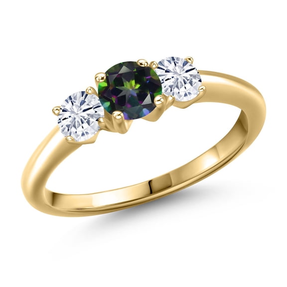 Gem Stone King 10K Yellow Gold Green Mystic Topaz and White Moissanite Engagement Ring for Women | 1.01 Cttw | Round 5MM | Gemstone November Birthstone | Size 5