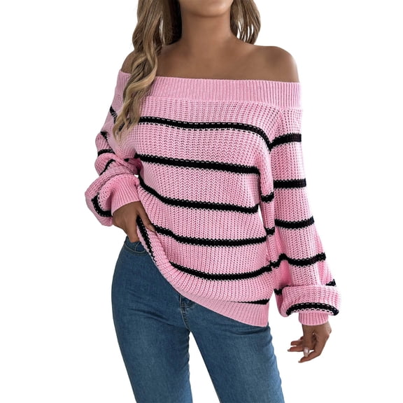 GBSYEWXS Sweaters For Women Outdoor Comfortable Pullover Long Sleeve Boat Neck Striped Print Pink Sweater
