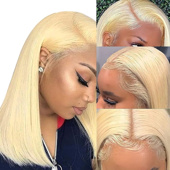 180% Density 613 Blonde Bob Wig 13x4 Lace Front Wigs Human Straight Brazilian Virgin Human Hair Pre Plucked with Baby Hair for Black Women Bleached Knots Can be Dyed(150% Density,14inch)
