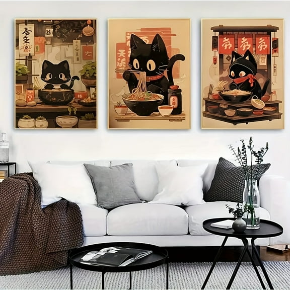 3pcs Set Of Modern Japanese Black Cat Noodle Canvas Wall Art, Frameless Posters for Living Room Decor