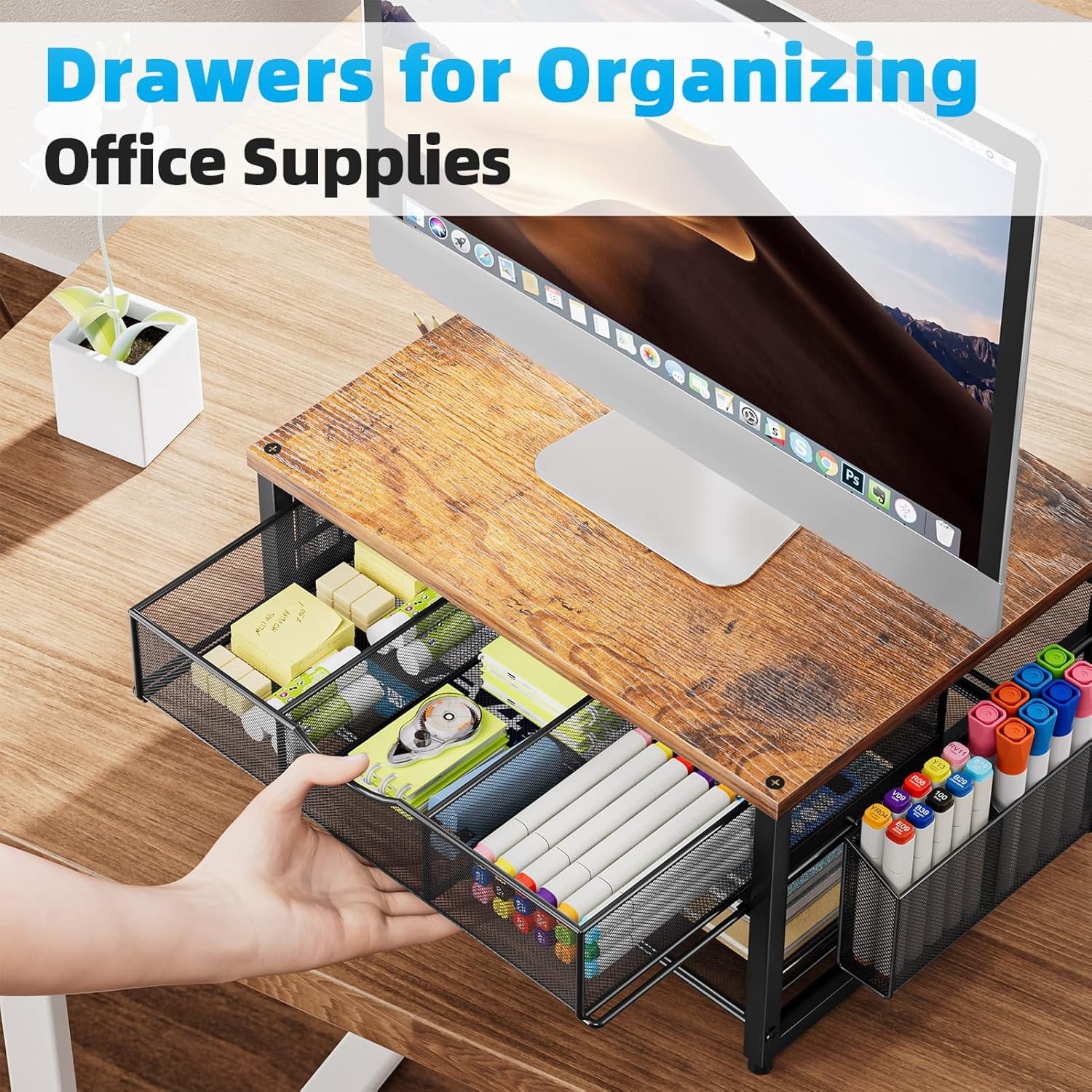 Wood Printer Stand for Desk, 2-Tier Desktop Printer Table for Home Office, Printer Stand with Storage Drawer 2 Pen Holders, Multi-Purpose Desk Organizer for Fax Machine Scanner(Wood Brown)
